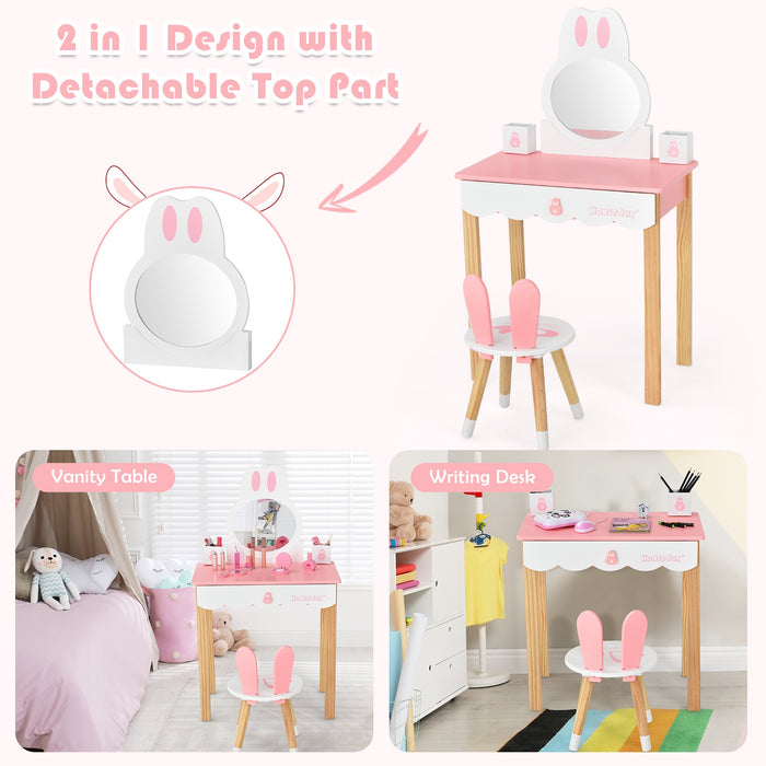 Kids Vanity Set Rabbit Makeup Dressing Table Chair Set with Mirror and Drawer-Pink