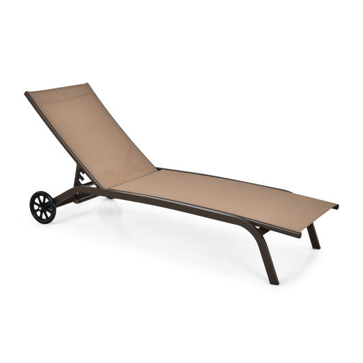 6-Poisition Adjustable Outdoor Chaise Recliner with Wheels-Brown