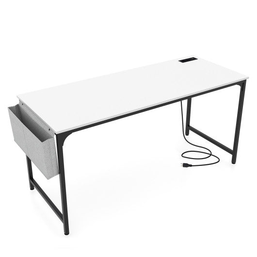 60 Inch Computer Desk with Charging Station Storage Bag-White