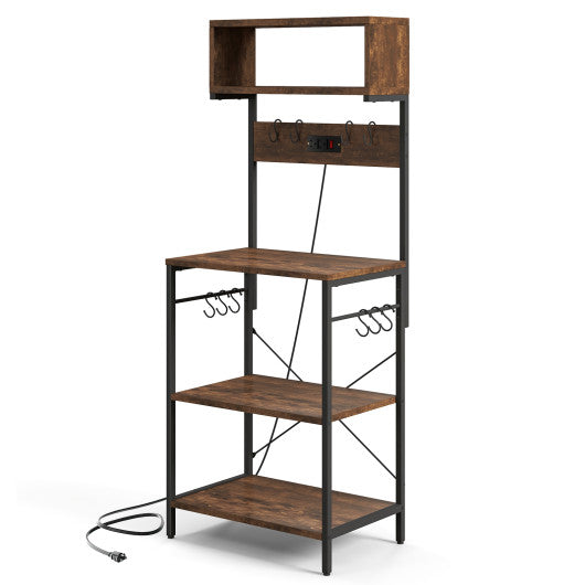 60 Inch Tall Microwave Stand with Open Shelves and 10 Hanging Hooks-Rustic Brown