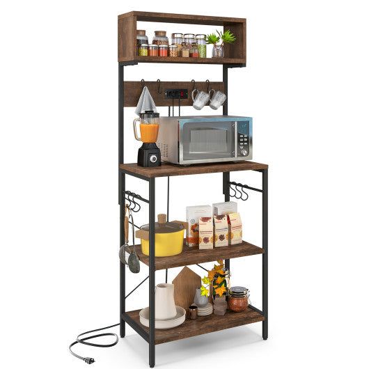 60 Inch Tall Microwave Stand with Open Shelves and 10 Hanging Hooks-Rustic Brown