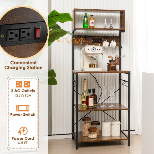 60 Inch Tall Microwave Stand with Open Shelves and 10 Hanging Hooks-Rustic Brown