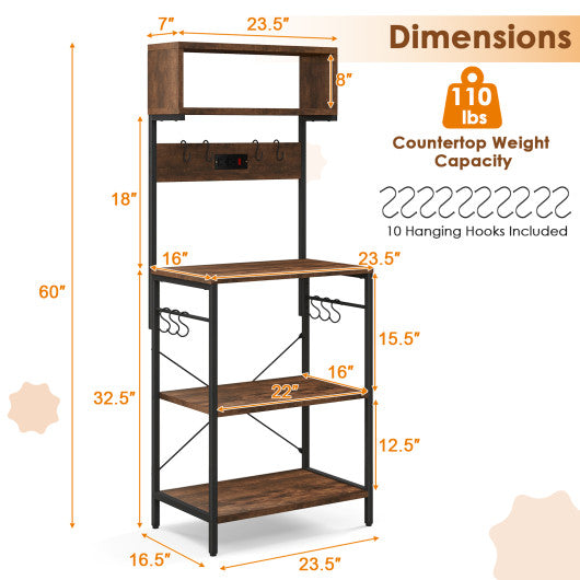 60 Inch Tall Microwave Stand with Open Shelves and 10 Hanging Hooks-Rustic Brown