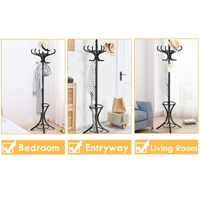 Wood Standing Hat Coat Rack with Umbrella Stand-Black