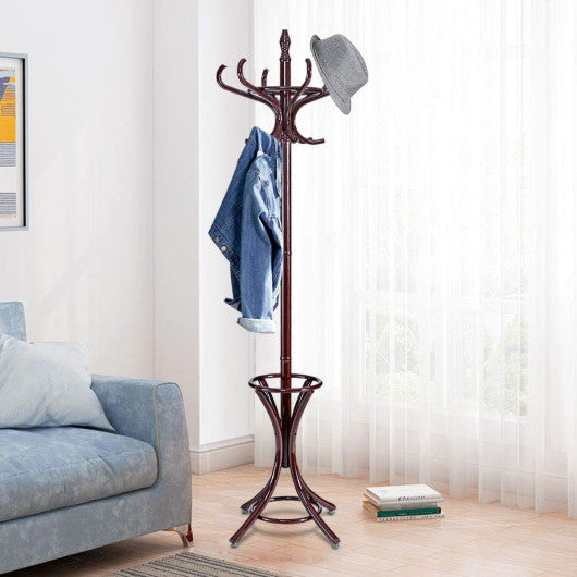 Wood Standing Hat Coat Rack with Umbrella Stand-Brown