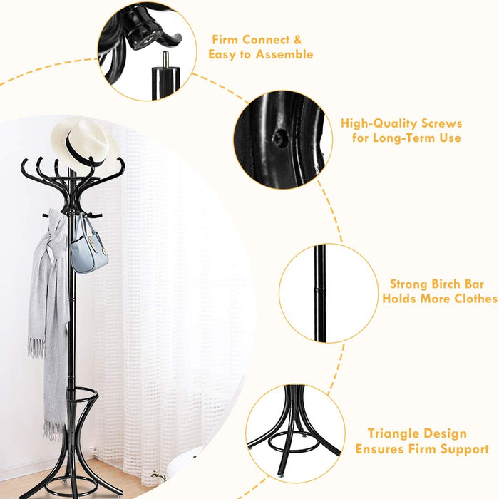 Wood Standing Hat Coat Rack with Umbrella Stand-Black