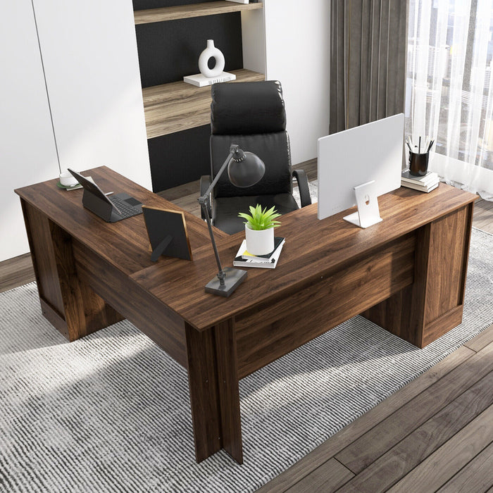 L-Shaped Office Desk with Storage Drawers and Keyboard Tray-Walnut