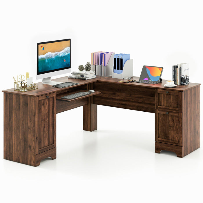 L-Shaped Office Desk with Storage Drawers and Keyboard Tray-Walnut