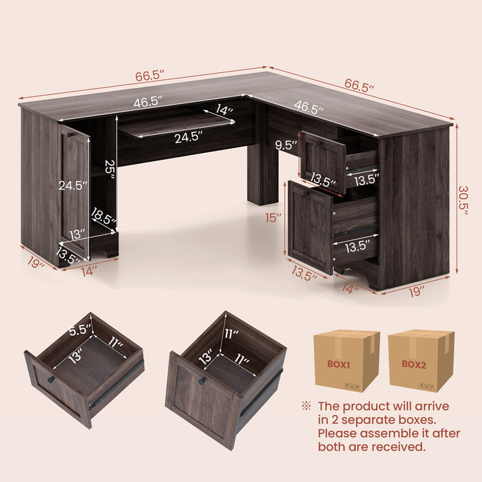 L-Shaped Office Desk with Storage Drawers and Keyboard Tray-Dark Brown