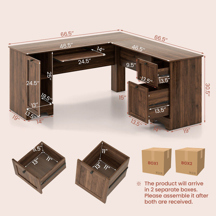 L-Shaped Office Desk with Storage Drawers and Keyboard Tray-Walnut