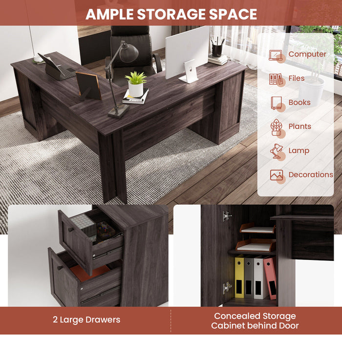 L-Shaped Office Desk with Storage Drawers and Keyboard Tray-Dark Brown