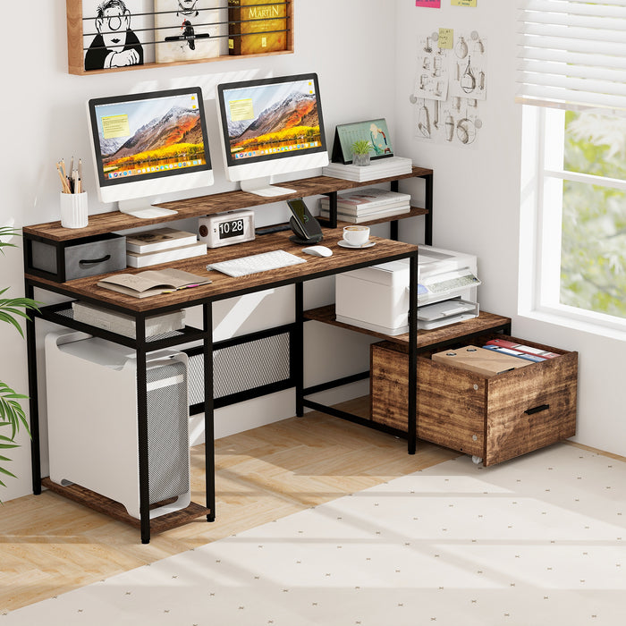 67 Inch Computer Desk with Monitor Stand & File Drawer-Rustic Brown