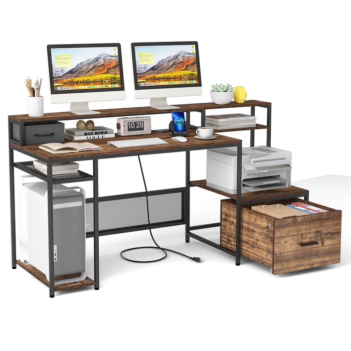 67 Inch Computer Desk with Monitor Stand & File Drawer-Rustic Brown