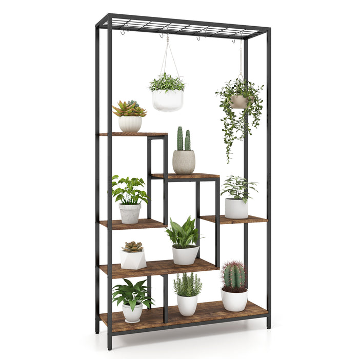 6-Tier Tall Plant Stand 71 Inch Metal Indoor Plant Shelf with 10 Hanging Hooks-Rustic Brown