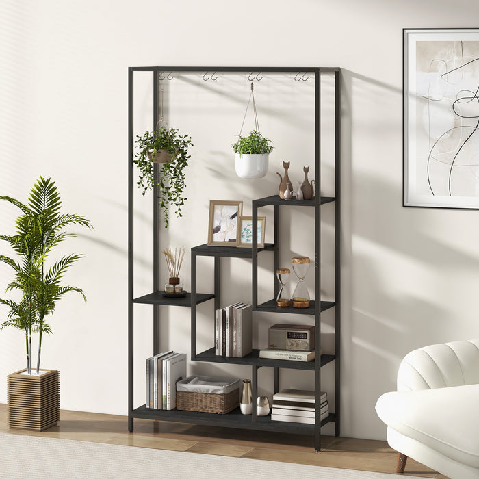 6-Tier Tall Plant Stand 71 Inch Metal Indoor Plant Shelf with 10 Hanging Hooks-Black