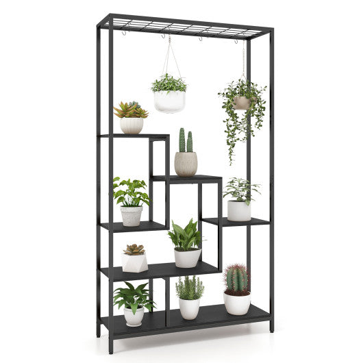 6-Tier Tall Plant Stand 71 Inch Metal Indoor Plant Shelf with 10 Hanging Hooks-Black