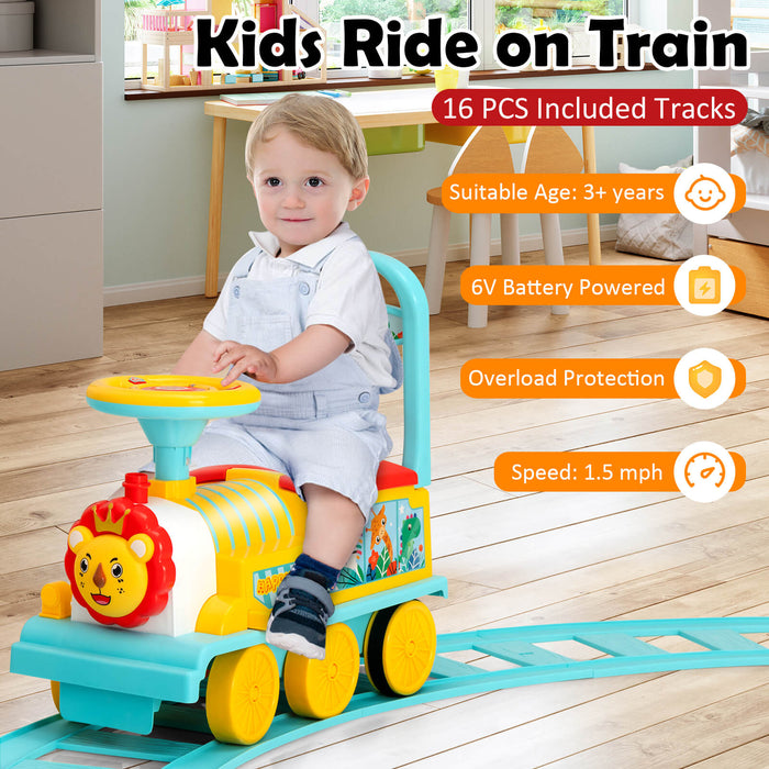 6V Electric Kids Ride On Car Toy Train with 16 Pieces Tracks-Blue