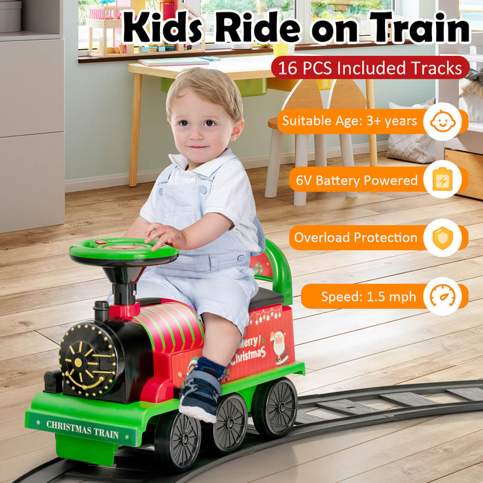 6V Electric Kids Ride On Car Toy Train with 16 Pieces Tracks-Green