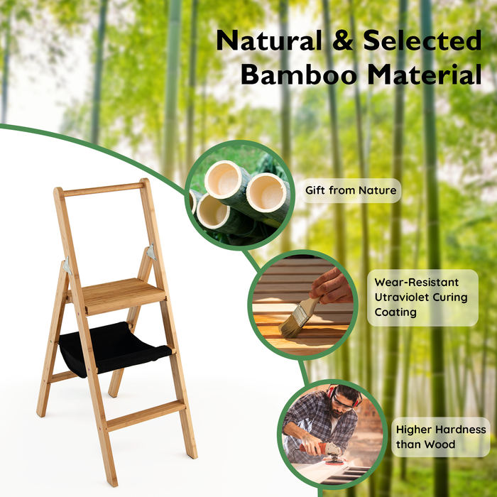 3 Step Foldable Bamboo Step Ladder Stool with Tool Storage Bag-Natural