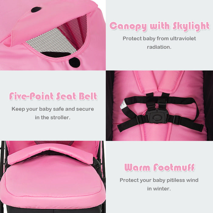 2-in-1 Foldable Pushchair Newborn Infant Baby Stroller-Pink