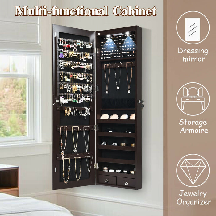 Wall and Door Mounted Mirrored Jewelry Cabinet with Lights-Brown