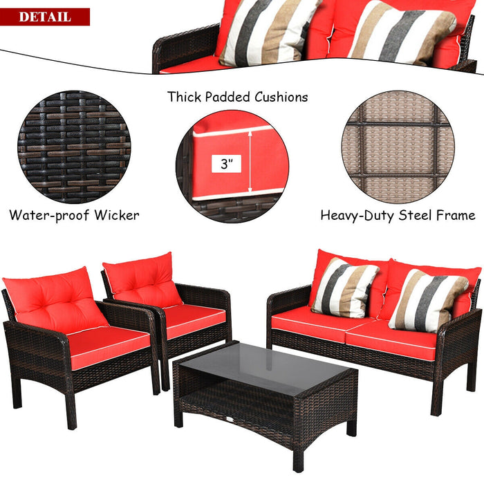 4 Pieces Outdoor Rattan Wicker Loveseat Furniture Set with Cushions-Red