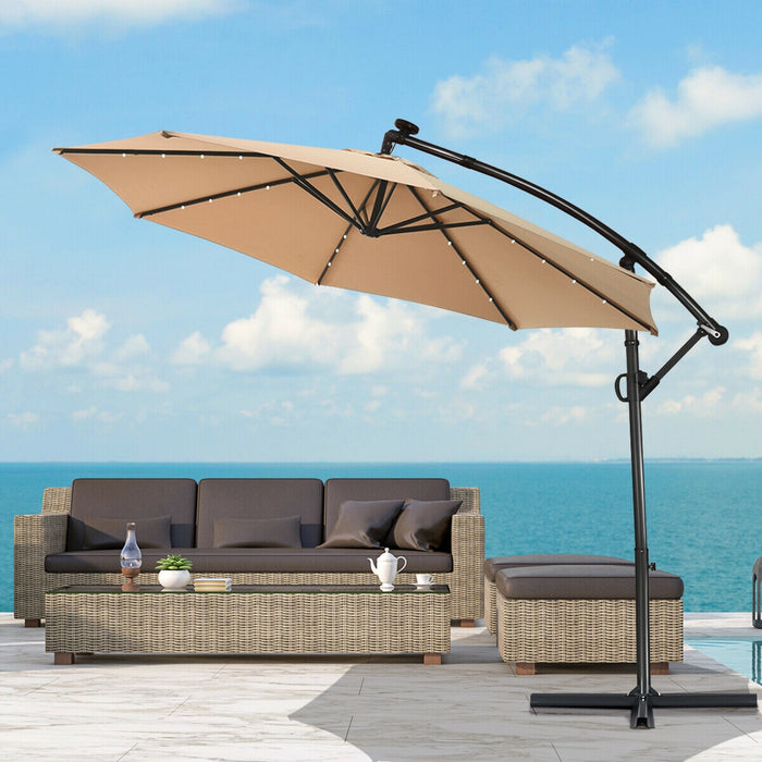 10 ft 360Â° Rotation Solar Powered LED Patio Offset Umbrella without Weight Base-Beige