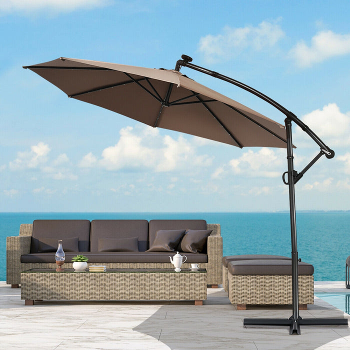 10 ft 360Â° Rotation Solar Powered LED Patio Offset Umbrella without Weight Base-Tan