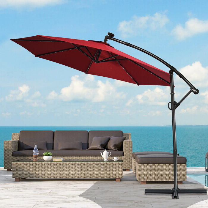 10 ft 360Â° Rotation Solar Powered LED Patio Offset Umbrella without Weight Base-Dark Red