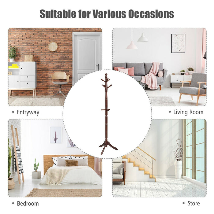 Entryway Height Adjustable Coat Stand with 9 Hooks-Brown