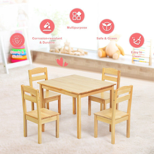 5 pcs Kids Pine Wood Table Chair Set-Natural