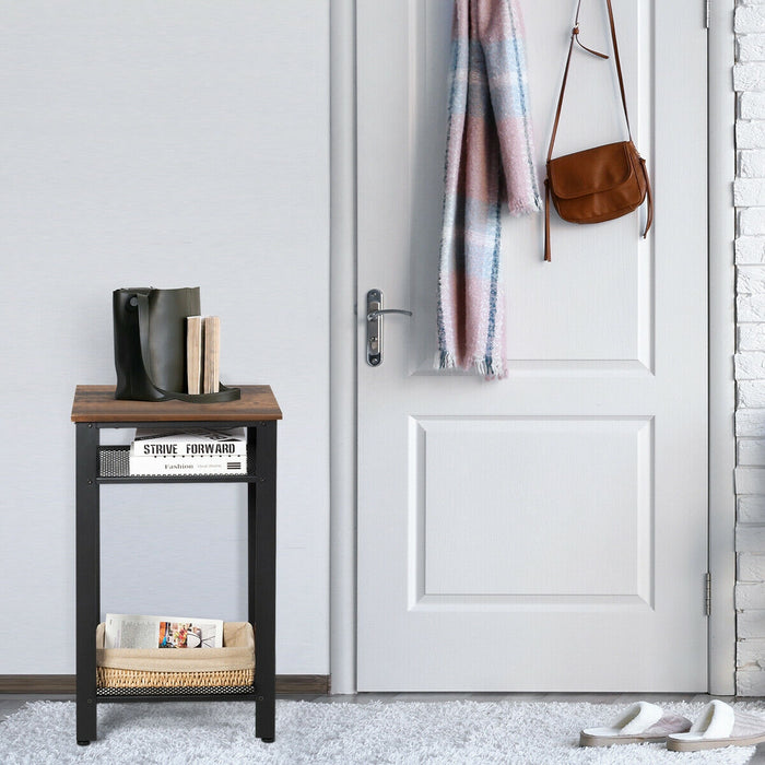 3-Tier Industrial End Table with Metal Mesh Storage Shelves