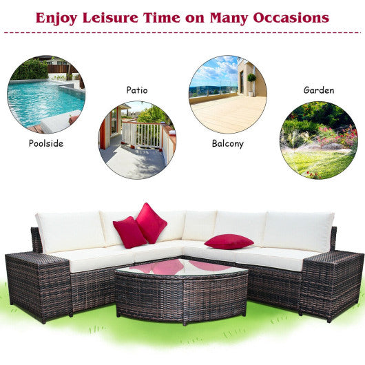 6 Piece Wicker Patio Sectional Sofa Set with Tempered Glass Coffee Table-White