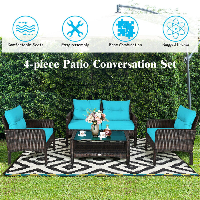 4 Pieces Outdoor Rattan Wicker Loveseat Furniture Set with Cushions-Turquoise