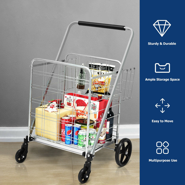 Heavy Duty Folding Utility Shopping Double Cart-Silver