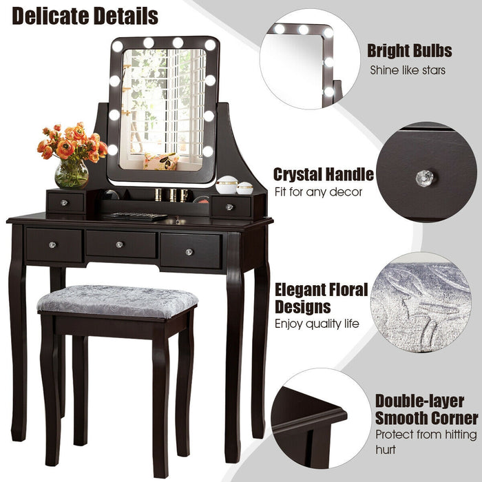 Vanity Dressing Table Set with 10 Dimmable Bulbs and Cushioned Stool-Brown