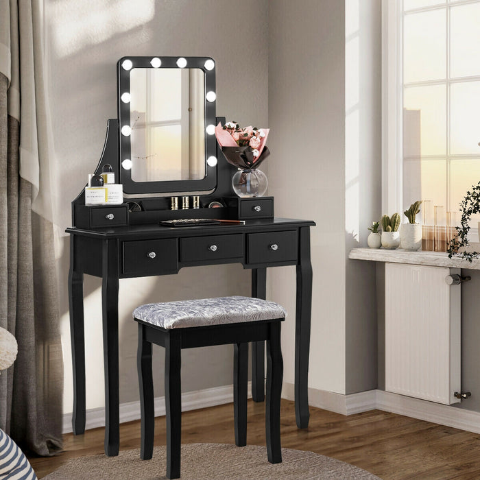 Vanity Dressing Table Set with 10 Dimmable Bulbs and Cushioned Stool-Black