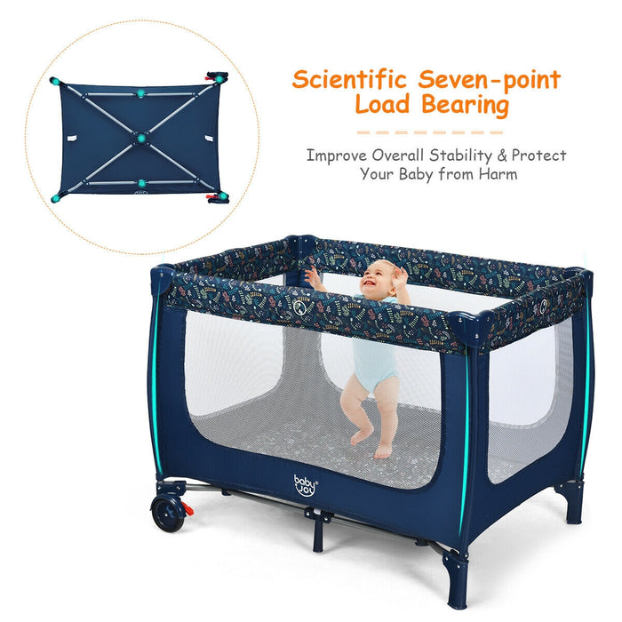 Portable Baby Playpen with Mattress Foldable Design-Blue