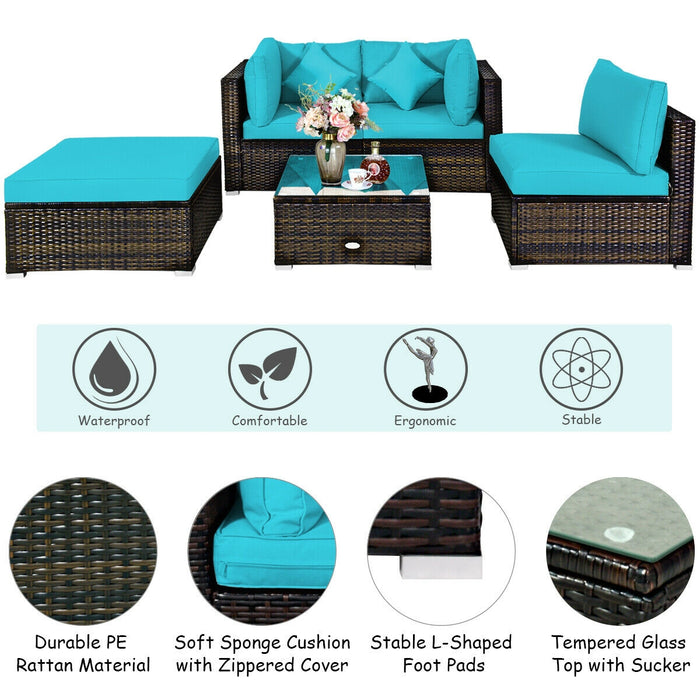 5 Pcs Outdoor Patio Rattan Furniture Set Sectional Conversation with Navy Cushions-Turquoise