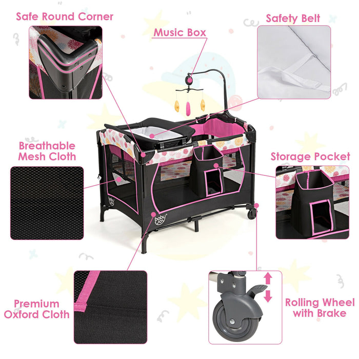 3-in-1 Convertible Portable Baby Playard with Music Box and Wheel and Brakes-Pink