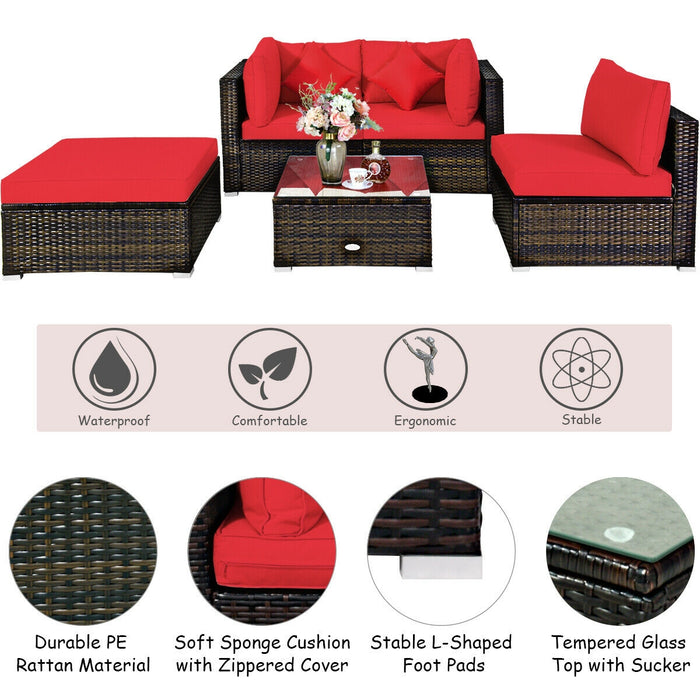 5 Pcs Outdoor Patio Rattan Furniture Set Sectional Conversation with Navy Cushions-Red