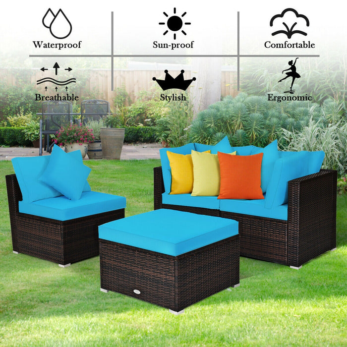 4 Pcs Ottoman Garden Deck Patio Rattan Wicker Furniture Set Cushioned Sofa-Turquoise