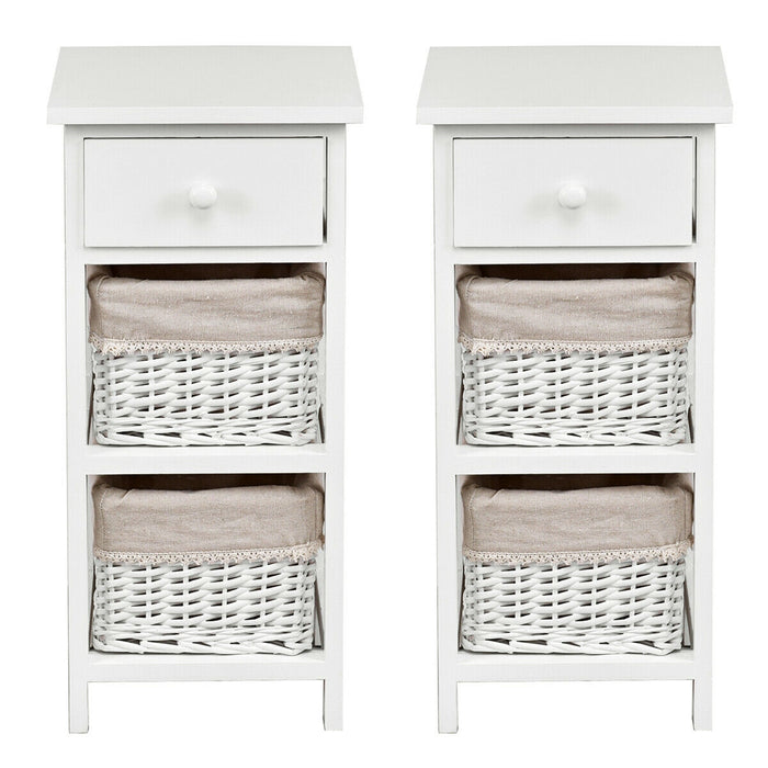 2 Pieces Bedroom Bedside End Table with Drawer Baskets-White