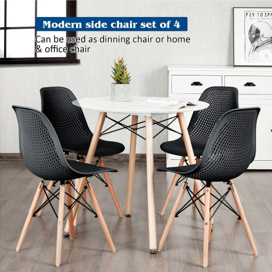 4 Pieces Modern Plastic Hollow Chair Set with Wood Leg-Black