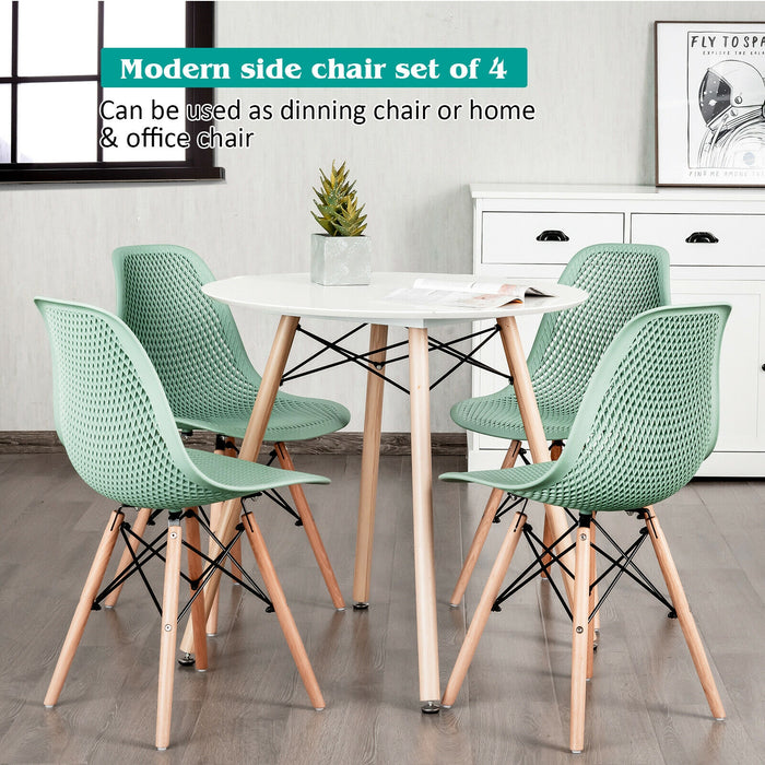 4 Pieces Modern Plastic Hollow Chair Set with Wood Leg-Green