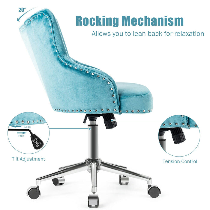 Tufted Upholstered Swivel Computer Desk Chair with Nailed Tri-Turquoise