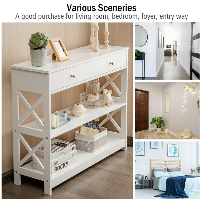 3-Tier Console Table with Drawers for Living Room Entryway-White