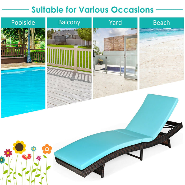 Patio Folding Adjustable Rattan Chaise Lounge Chair with Cushion-Turquoise