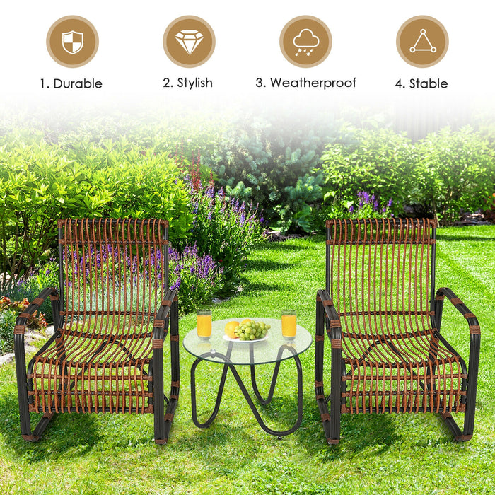 3 Pieces Patio Rattan Furniture Set with 2 Single Wicker Chairs and Glass Side Table