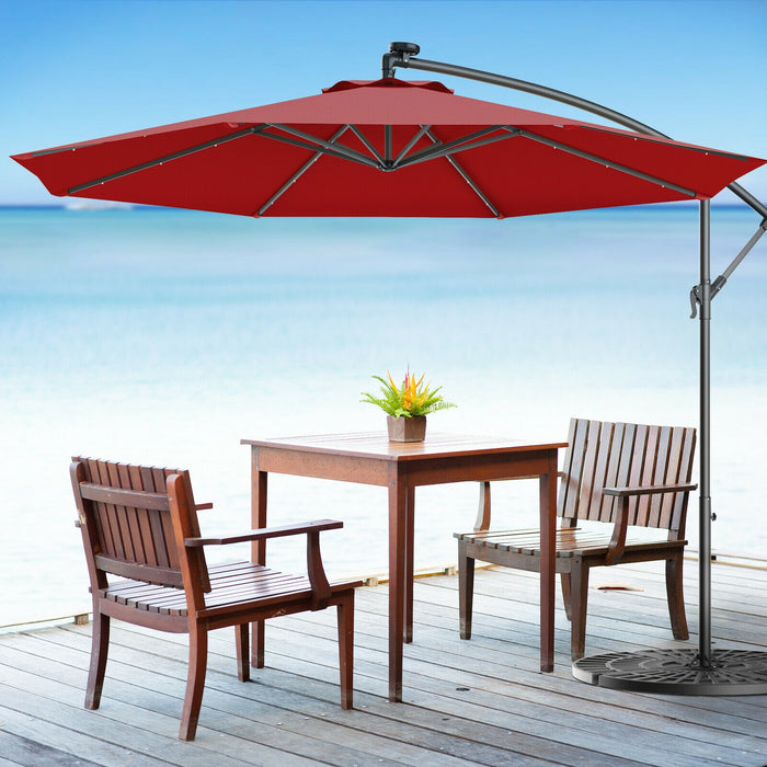 10 Feet Patio Hanging Solar LED Umbrella Sun Shade with Cross Base-Dark Red